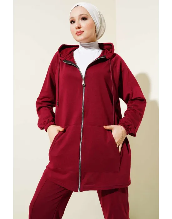 Kanguru Cepli Fermuarlı İkili Takım Bordo