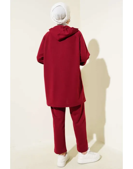 Kanguru Cepli Fermuarlı İkili Takım Bordo