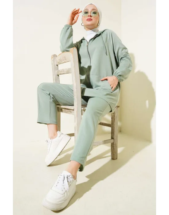 Kanguru Cepli Fermuarlı İkili Takım Çağla Yeşili