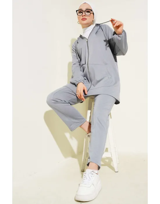 Kanguru Cepli Fermuarlı İkili Takım Gri