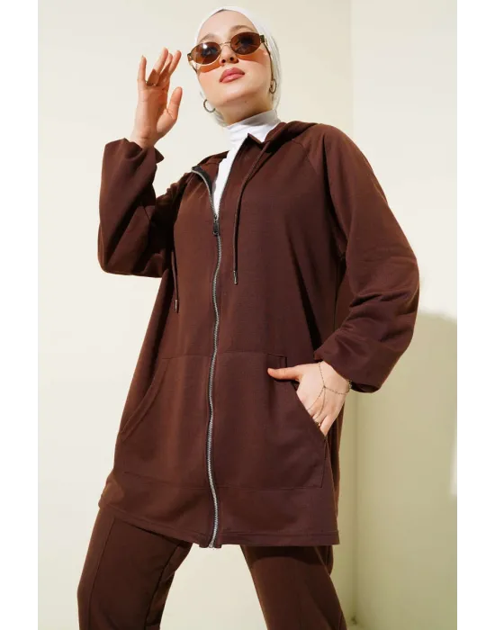 Kanguru Cepli Fermuarlı İkili Takım Kahve