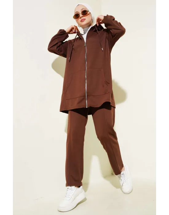 Kanguru Cepli Fermuarlı İkili Takım Kahve