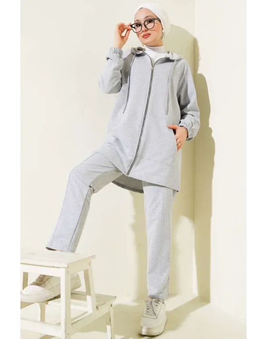 Kanguru Cepli Fermuarlı İkili Takım Melanj Gri