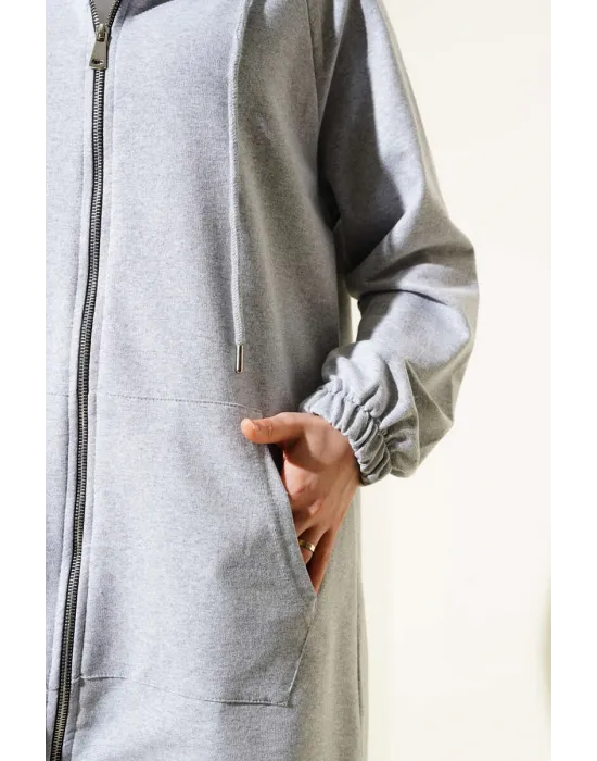 Kanguru Cepli Fermuarlı İkili Takım Melanj Gri