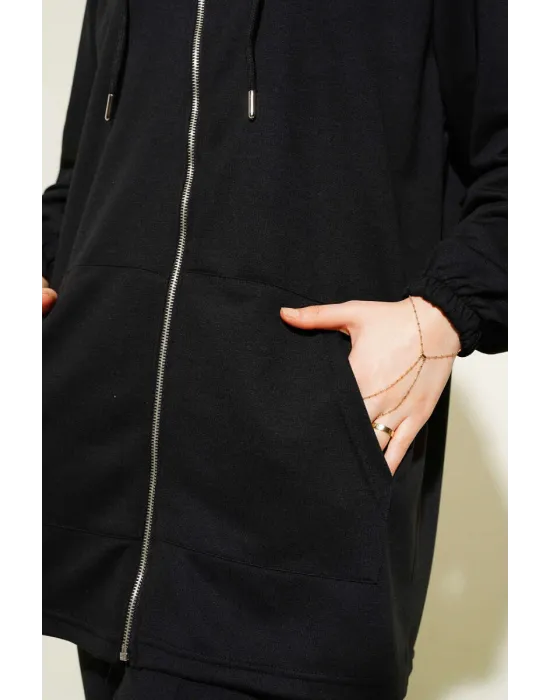 Kanguru Cepli Fermuarlı İkili Takım Siyah