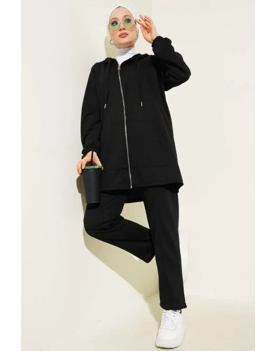 Kanguru Cepli Fermuarlı İkili Takım Siyah