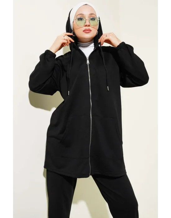 Kanguru Cepli Fermuarlı İkili Takım Siyah