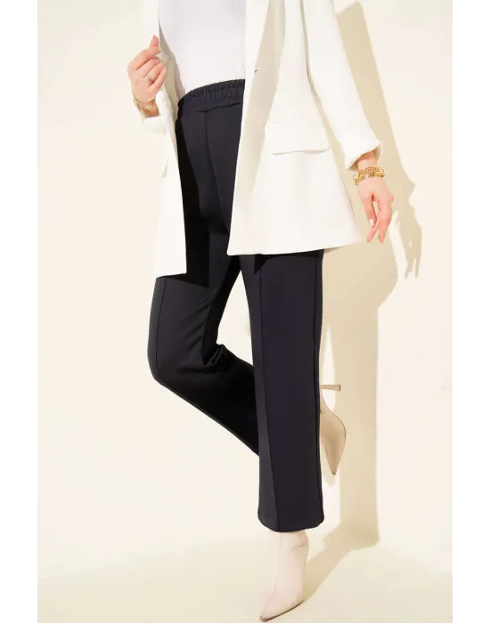 Lacivert Çımalı Yüksek Bel Boru Paça Pantolon