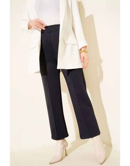 Lacivert Çımalı Yüksek Bel Boru Paça Pantolon