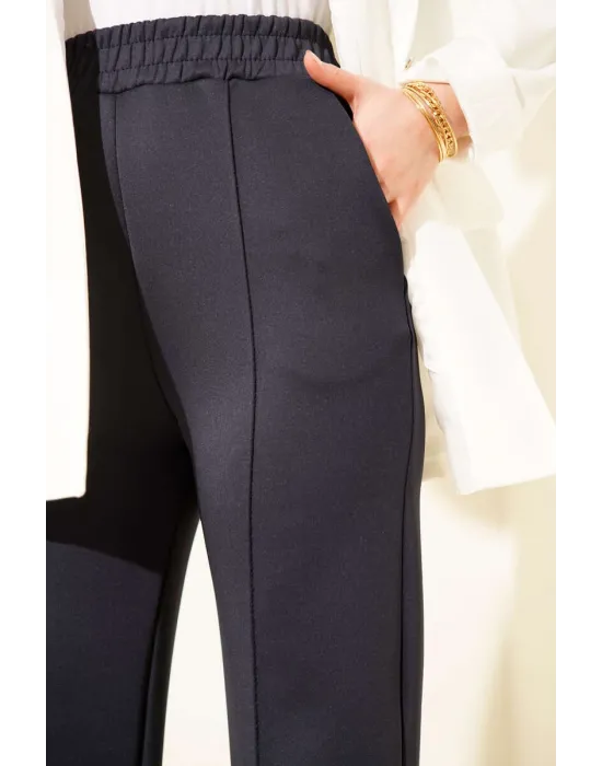 Lacivert Çımalı Yüksek Bel Boru Paça Pantolon