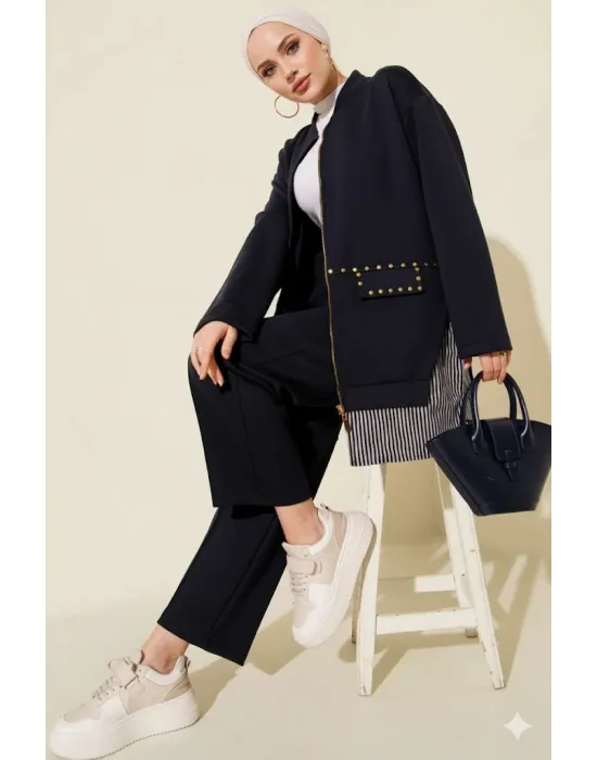 Lacivert Premium Çizgili Ofis Şıklığı İkili Takım