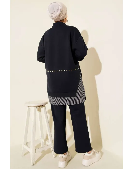 Lacivert Premium Çizgili Ofis Şıklığı İkili Takım