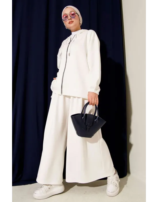 Loyşa Basic Fermuarlı Kapüşonlu İkili Takım Beyaz