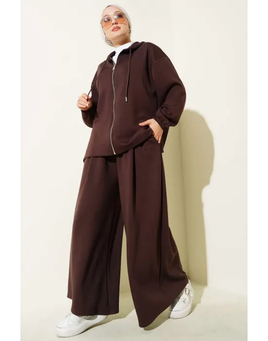 Loyşa Basic Fermuarlı Kapüşonlu İkili Takım Kahve