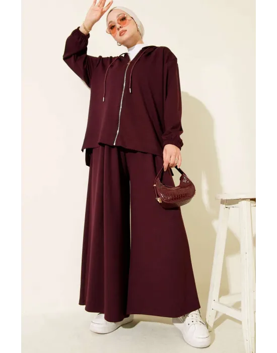 Loyşa Basic Fermuarlı Kapüşonlu İkili Takım Mürdüm