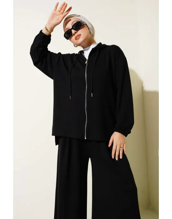 Loyşa Basic Fermuarlı Kapüşonlu İkili Takım Siyah