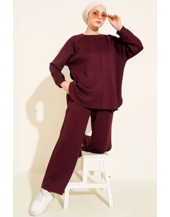 Mürdüm Oversize Sweatshirt ve Geniş Paça Pantolon Kombin Takım
