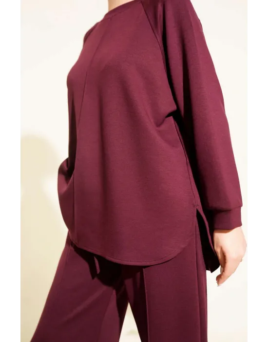 Mürdüm Oversize Sweatshirt ve Geniş Paça Pantolon Kombin Takım