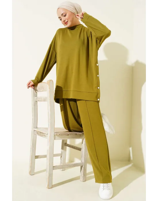 Bisiklet Yaka Yanları Metal Düğmeli İkili Takım Yağ Yeşili