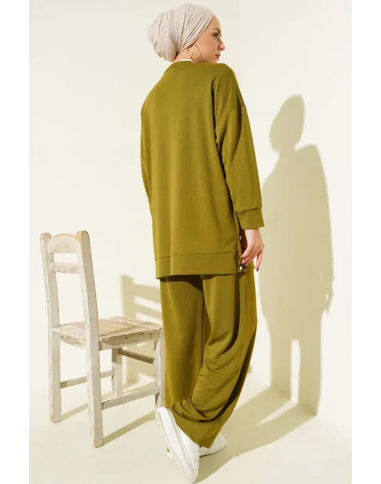 Bisiklet Yaka Yanları Metal Düğmeli İkili Takım Yağ Yeşili