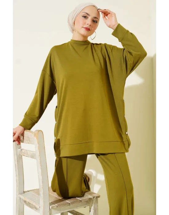 Bisiklet Yaka Yanları Metal Düğmeli İkili Takım Yağ Yeşili