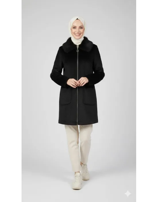 Siyah Kadın Kürk Yakalı Fermuarlı Kaşe Kaban