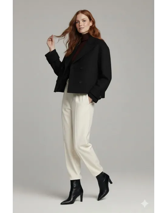 Siyah Kadın Premium Kaşe Crop Ceket