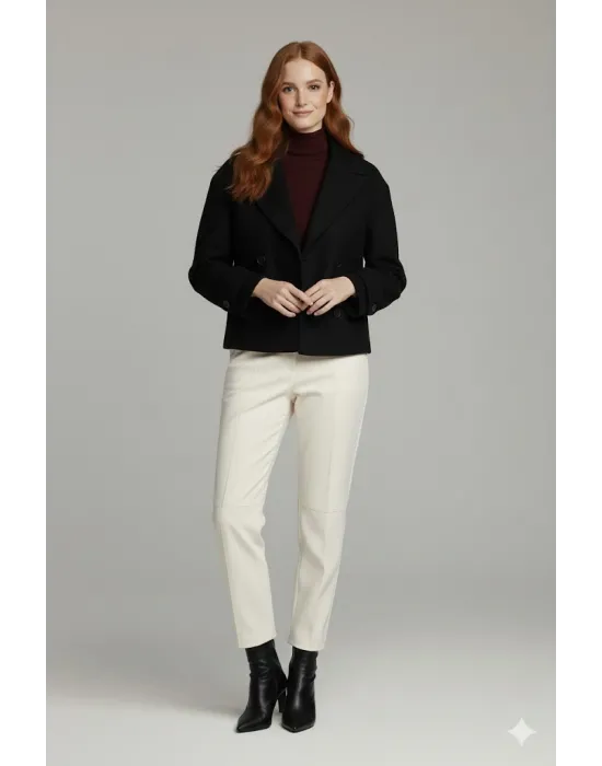 Siyah Kadın Premium Kaşe Crop Ceket