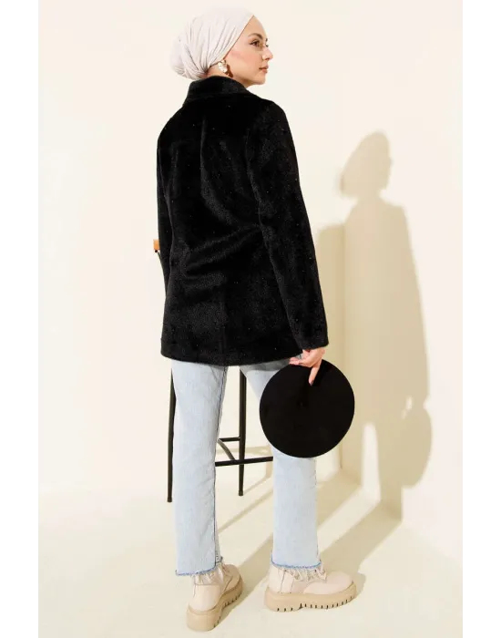 Siyah Lüks Tay Tüyü İnci İşlemeli Kaban