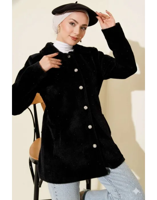 Siyah Lüks Tay Tüyü İnci İşlemeli Kaban