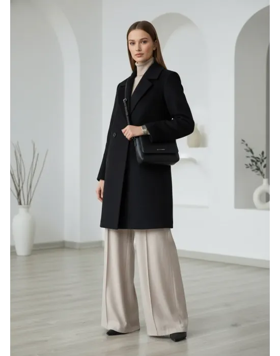 Siyah Moskov Premium Kruvaze Yünlü Kaşe Kaban