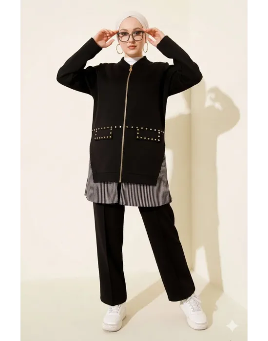 Siyah Premium Çizgili Ofis Şıklığı İkili Takım