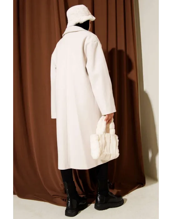 Taş Premium Kruvaze Yaka Oversize Uzun Kaşe Kaban