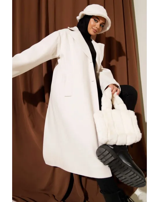 Taş Premium Kruvaze Yaka Oversize Uzun Kaşe Kaban