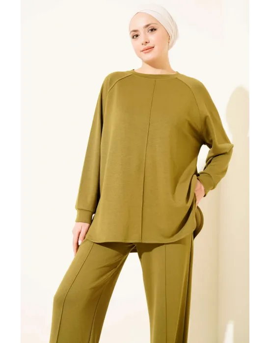 Yağ Yeşil Oversize Sweatshirt ve Geniş Paça Pantolon Kombin Takım