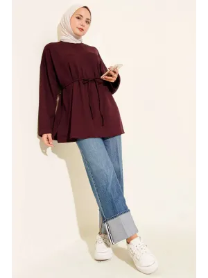 Bisiklet Yaka İp Kuşaklı Tunik Bordo