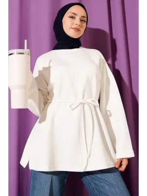Bisiklet Yaka İp Kuşaklı Tunik Ekru