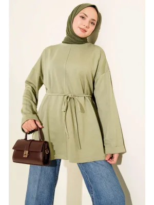 Bisiklet Yaka İp Kuşaklı Tunik Haki