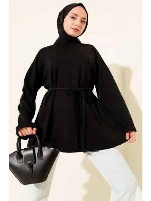 Bisiklet Yaka İp Kuşaklı Tunik Siyah