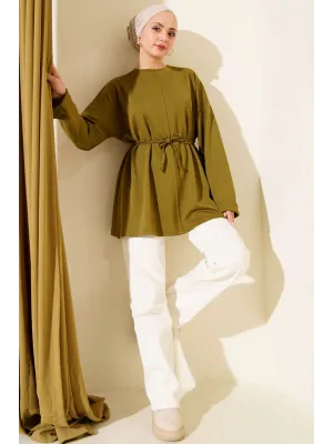 Bisiklet Yaka İp Kuşaklı Tunik Yağ Yeşil