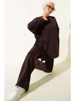 Bisiklet Yaka Yanları Metal Düğmeli İkili Takım Kahve