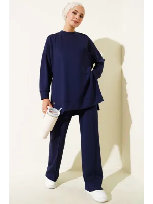 Bisiklet Yaka Yanları Metal Düğmeli İkili Takım Lacivert