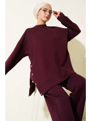 Bisiklet Yaka Yanları Metal Düğmeli İkili Takım Mürdüm