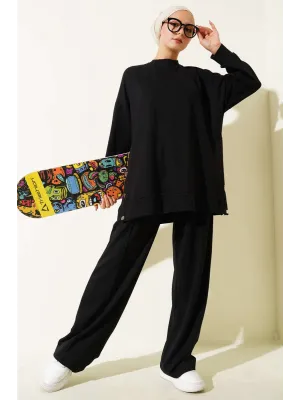 Bisiklet Yaka Yanları Metal Düğmeli İkili Takım Siyah