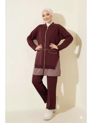 Bordo Premium Çizgili Ofis Şıklığı İkili Takım