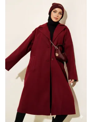 Bordo Premium Kruvaze Yaka Oversize Uzun Kaşe Kaban
