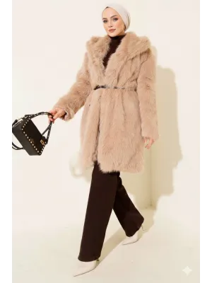 Camel Lüks Kürk Detaylı Uzun Kaban
