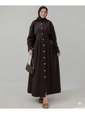 Düğme Detaylı Beli Büzgülü Tasarım Elbise