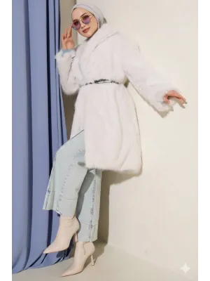 Ekru Lüks Kürk Detaylı Uzun Kaban