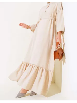 Fırfır Detaylı Yaka Düğmeli Elbise Bej